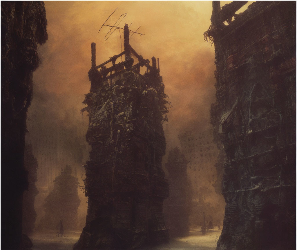 Dystopian cityscape with towering, decrepit buildings in hazy orange atmosphere