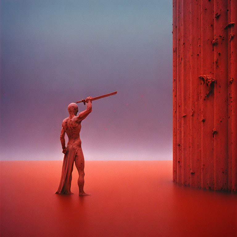 Classical figure statue with sword on textured pillar against red-orange backdrop