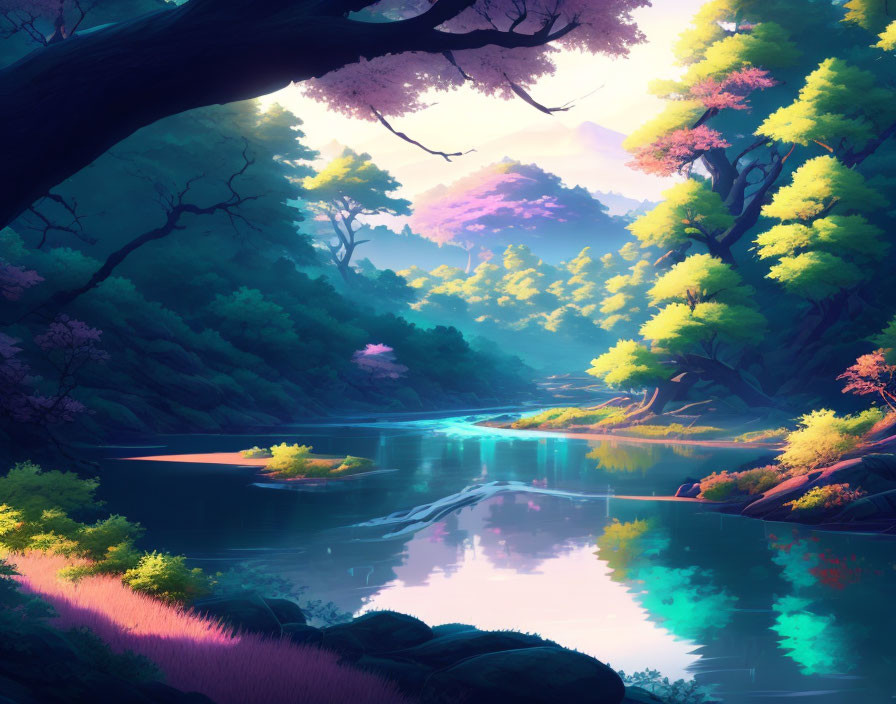 Colorful Animated Forest Scene with River and Blossoming Trees