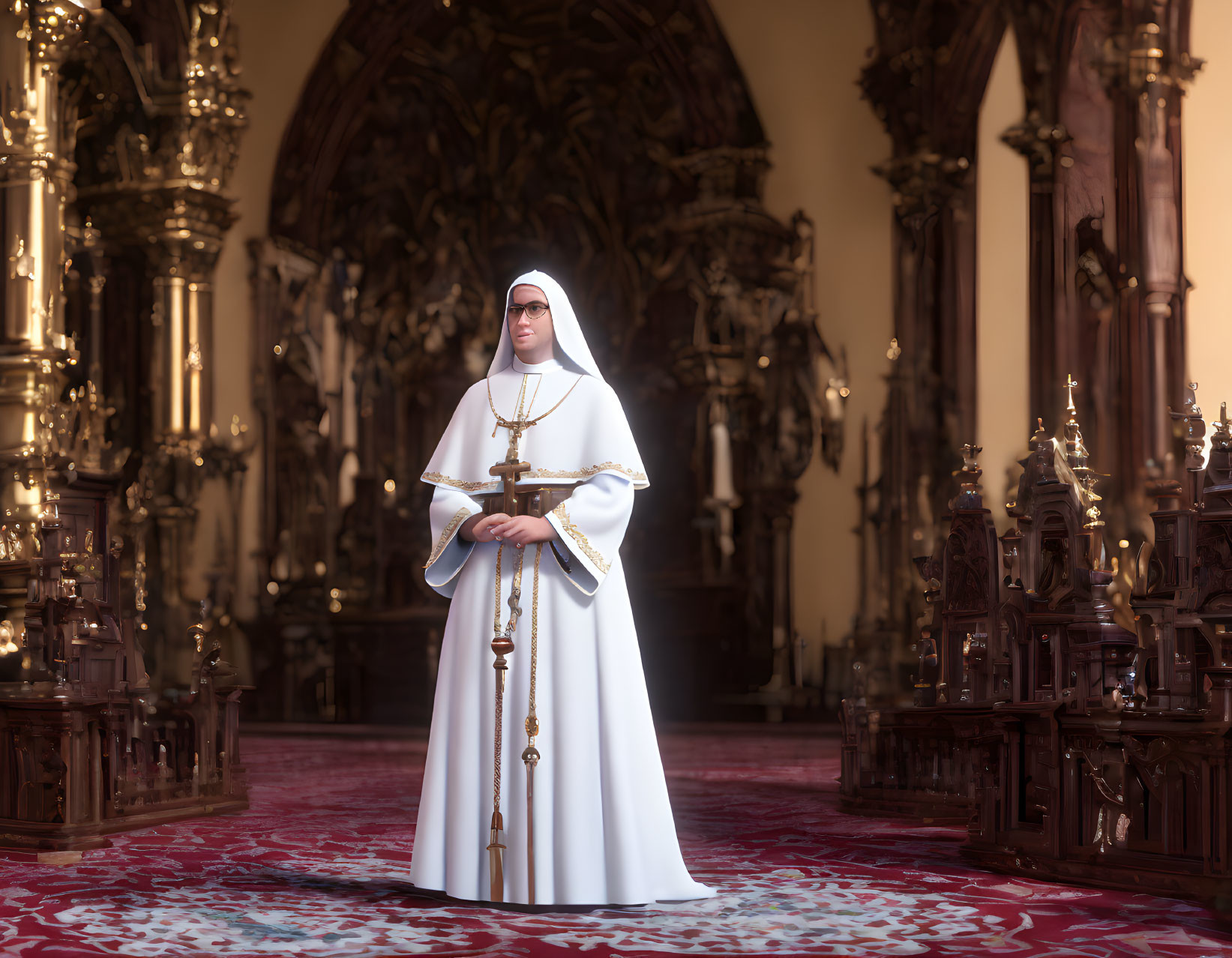 Nun in white habit holding a cross in church with gothic architecture