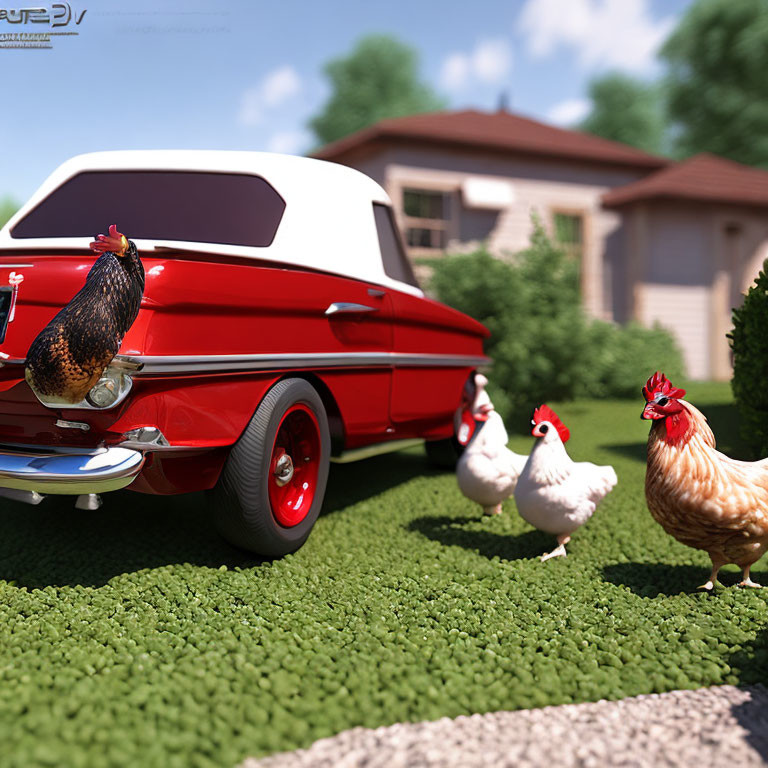 Three chickens on red and white car in front of house