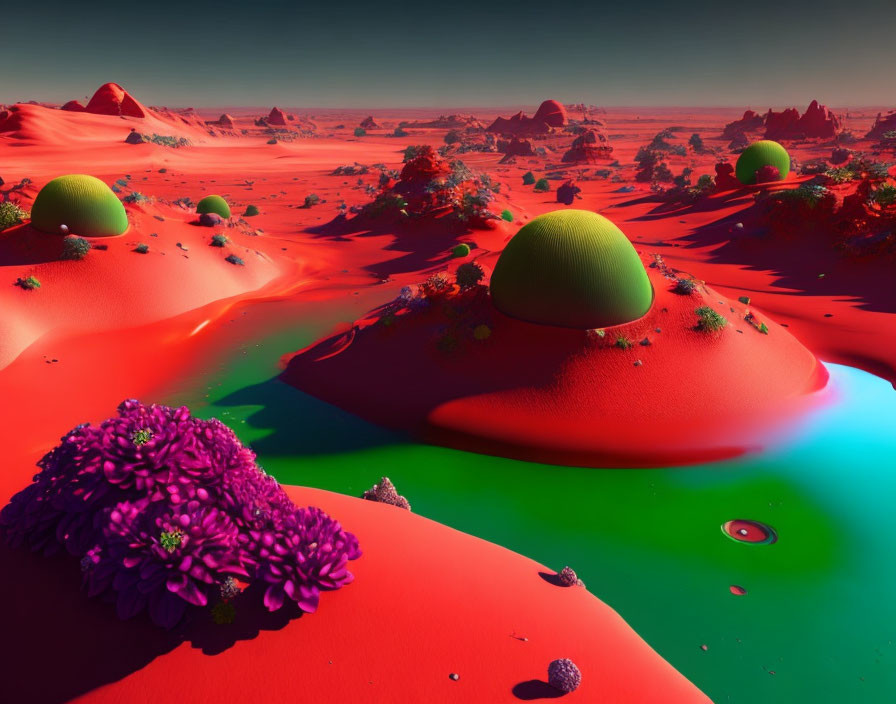 Vibrant surreal landscape with red sand dunes, colorful pools, green spheres, and purple flora