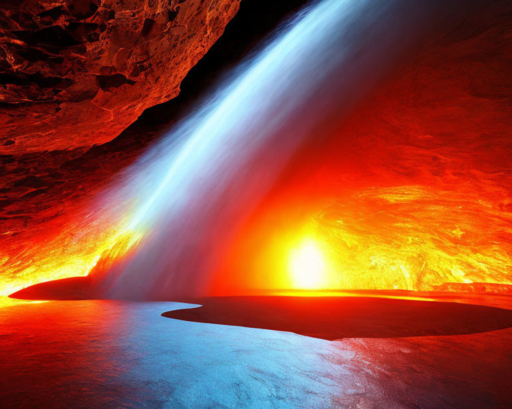 Vibrant cave with red-hot lava and blue reflective surface