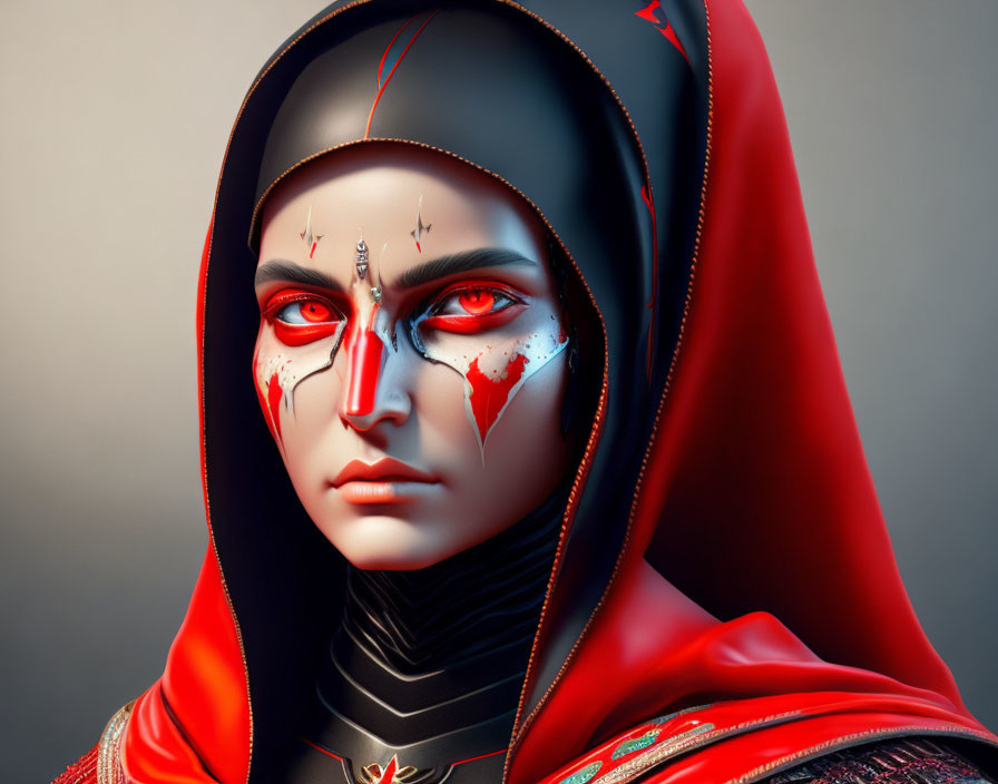 Digital portrait of person with red and white face paint, red hood, and dark outfit with red designs