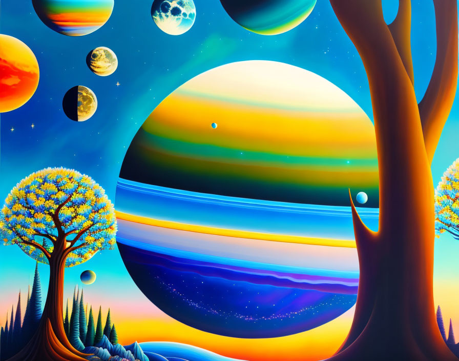 Colorful tree and surreal planets in vibrant landscape