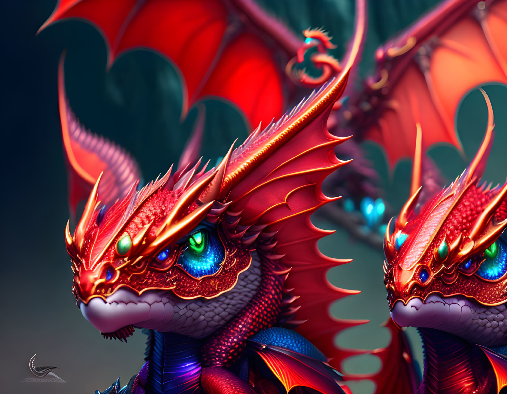 Detailed red-scaled dragon with blue eyes, horns, and unfurled wings.