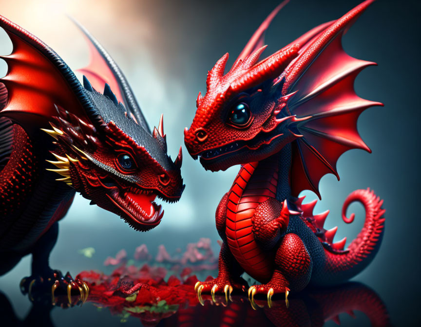 Red dragons facing each other on reflective surface with scattered rose petals