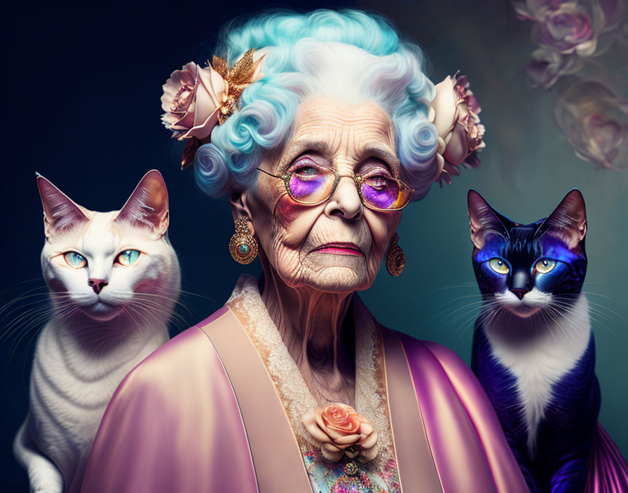 Elderly lady with white hair, purple glasses, and cats on dark background