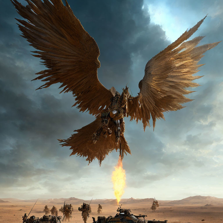 Massive Fire-Breathing Bird Soars Over Desert Battlefield