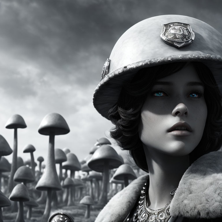 Monochrome image of person with blue eyes in vintage helmet among mushroom-shaped structures