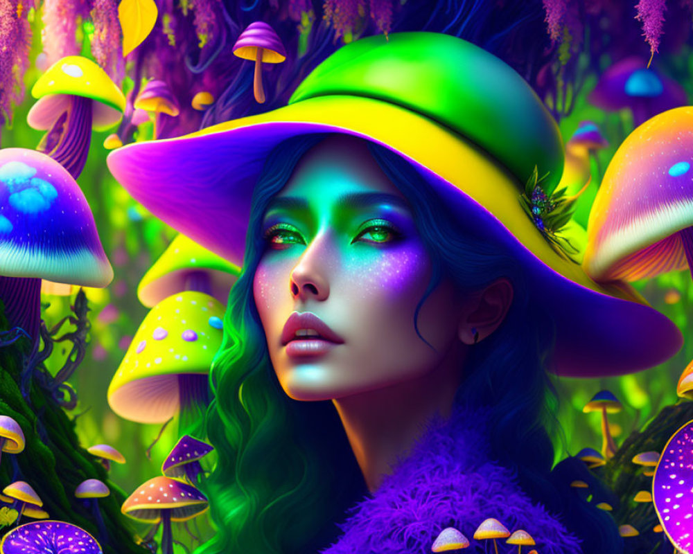 Portrait of woman with green hair, glowing makeup, colorful hat, amid luminescent mushrooms in fantasy