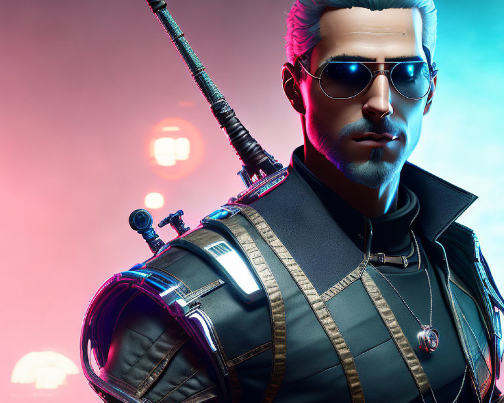 Futuristic male character with white hair, sunglasses, high-tech vest, and sword.