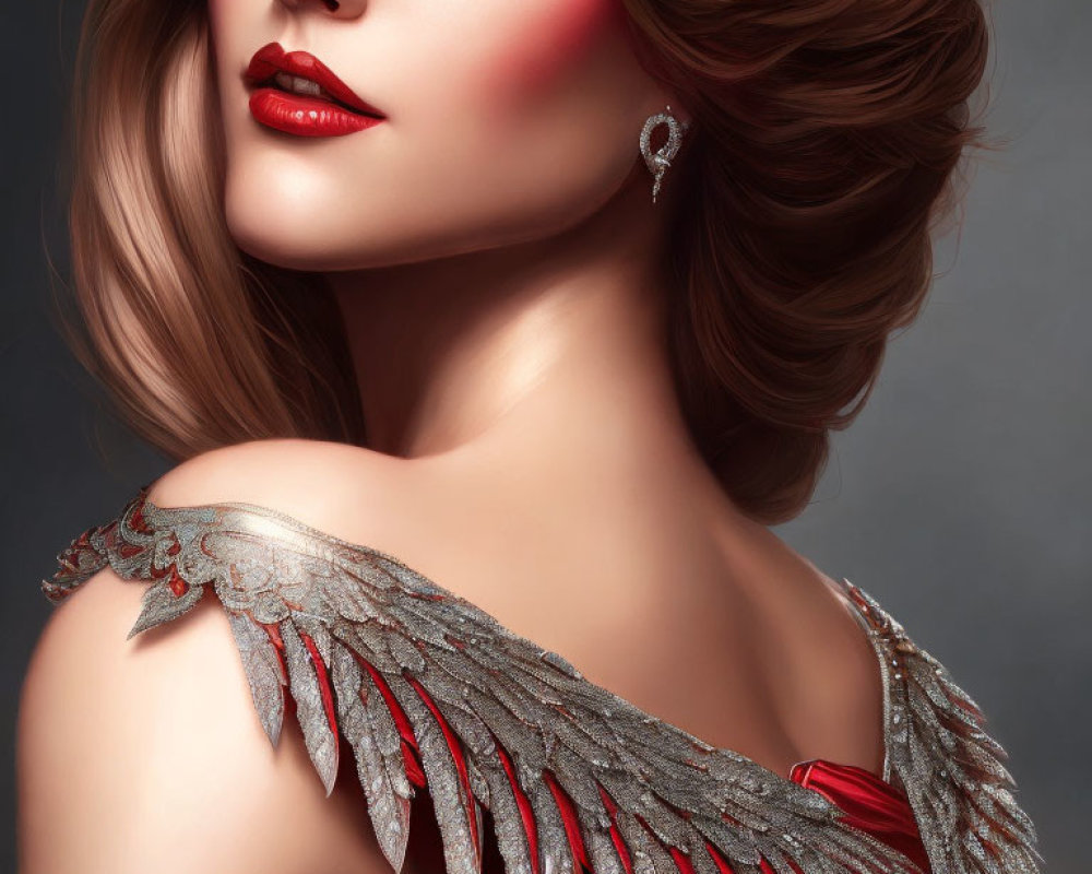 Stylized image of woman with glamorous makeup and metallic feathered shoulder piece