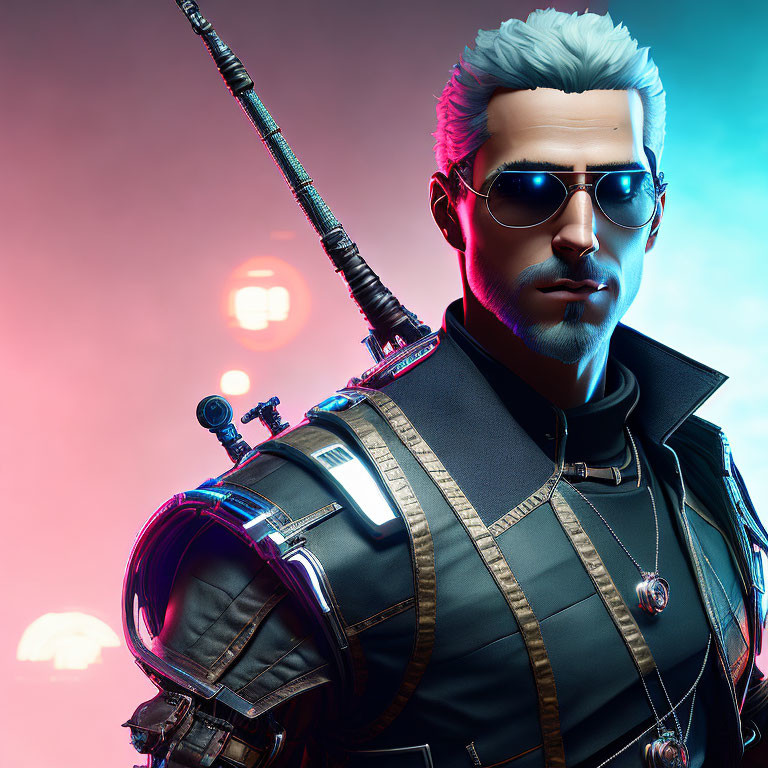 Futuristic male character with white hair, sunglasses, high-tech vest, and sword.