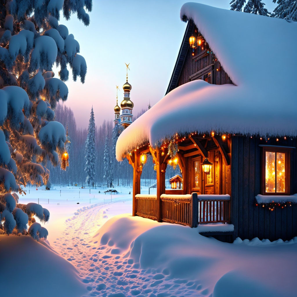Snowy Twilight Scene: Cozy Wooden Cabin with Warm Lights
