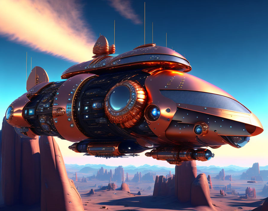Futuristic spaceship above desert landscape with intricate details