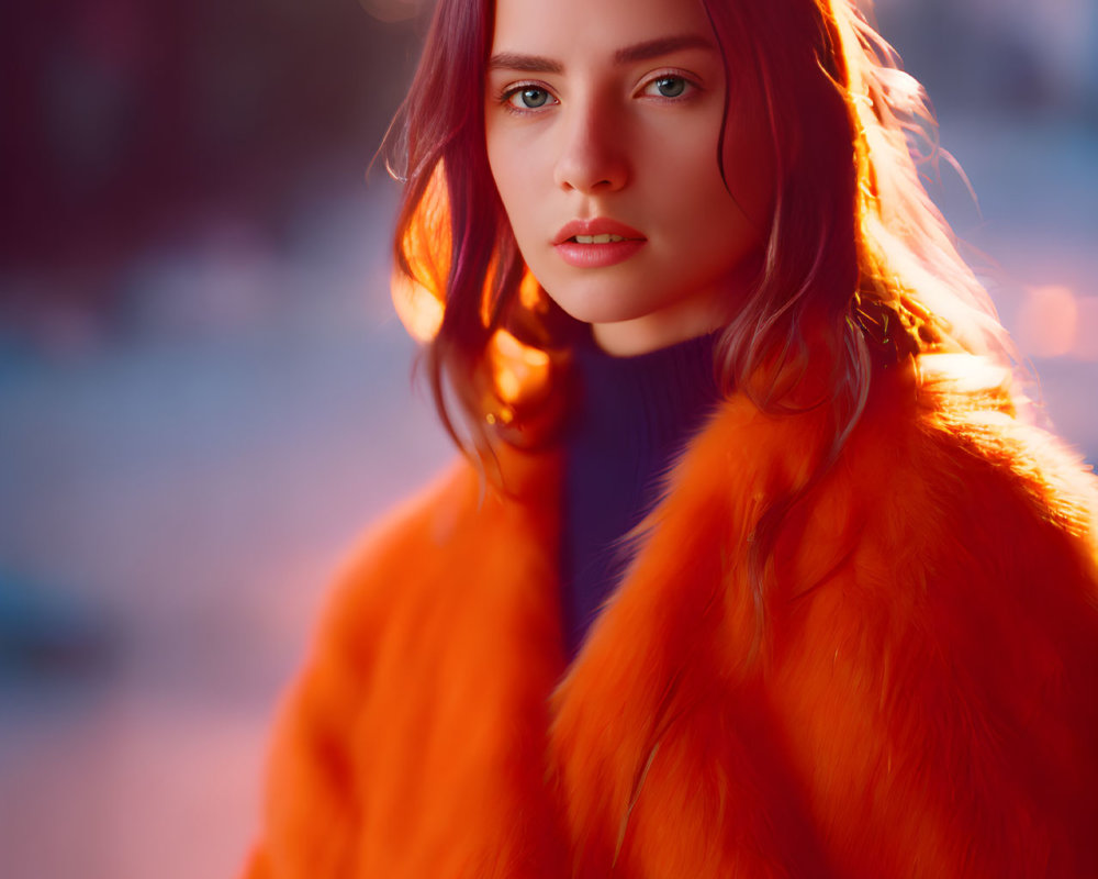 Fair-skinned woman in orange faux fur coat under golden sunset light