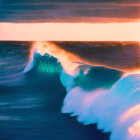 Colorful Ocean Wave with Pink and Purple Sunset Background