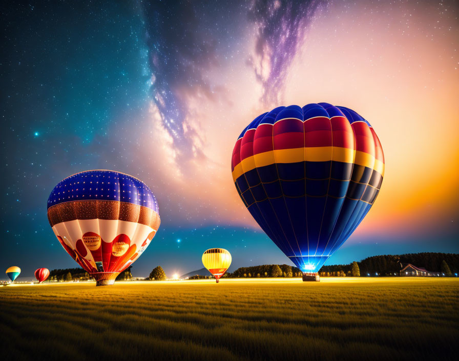 Colorful hot air balloons on grassy field at dusk with vibrant sunset and starry sky