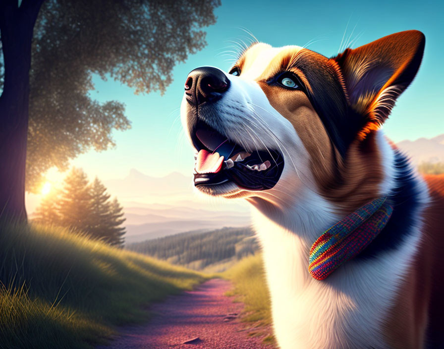 Brown and White Dog with Colorful Collar on Scenic Path at Sunset