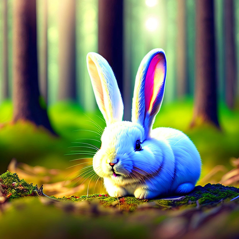 Colorful white rabbit with glowing ears in sunny forest scene
