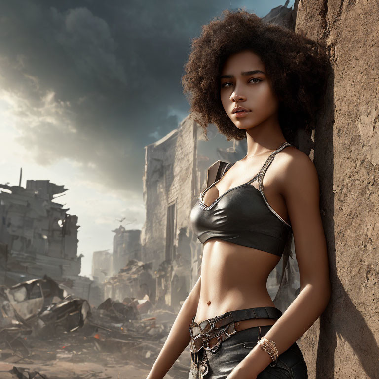 Woman with afro in dystopian setting, leaning against wall in black crop top and cargo pants under