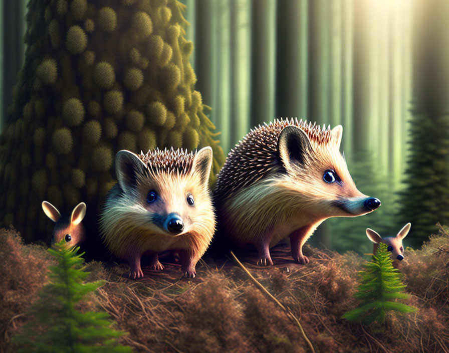 Stylized hedgehogs and tiny deer in mystical forest with sunbeams