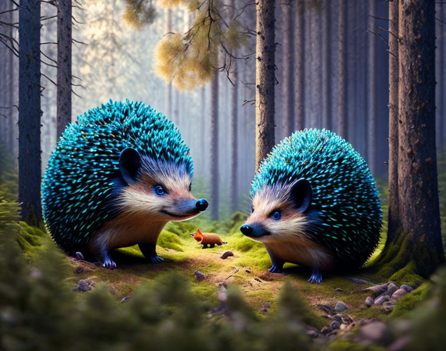 Vibrant blue hedgehogs in enchanting forest with soft light