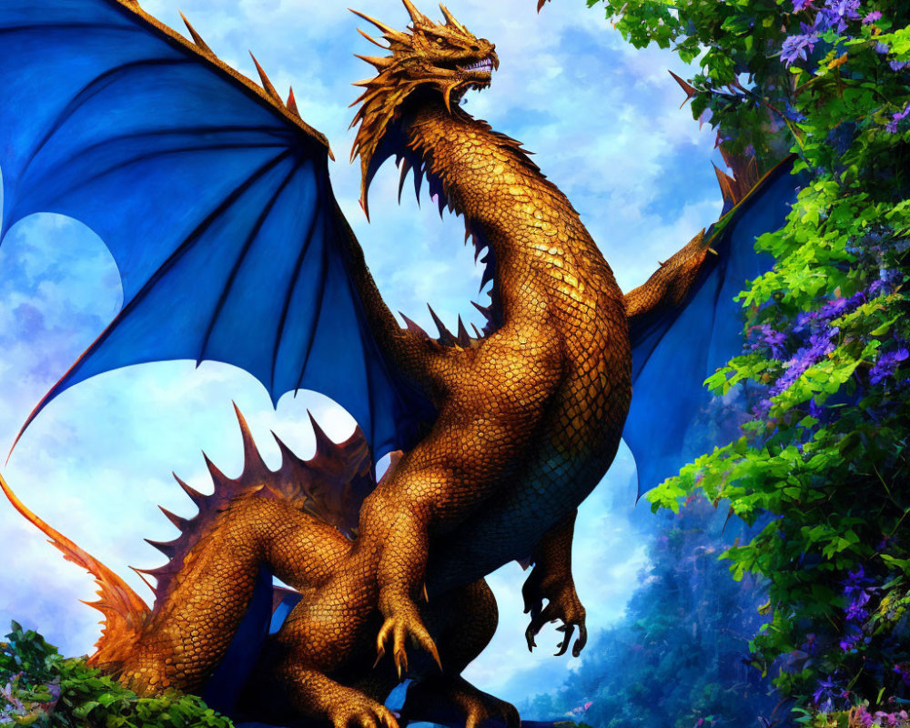 Golden dragon with wings in enchanted forest among purple flowers