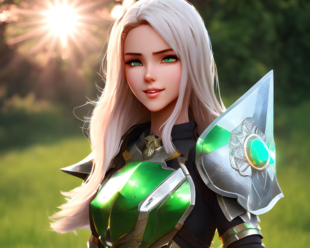 Female character in white hair and green armor holding silver axe in 3D illustration