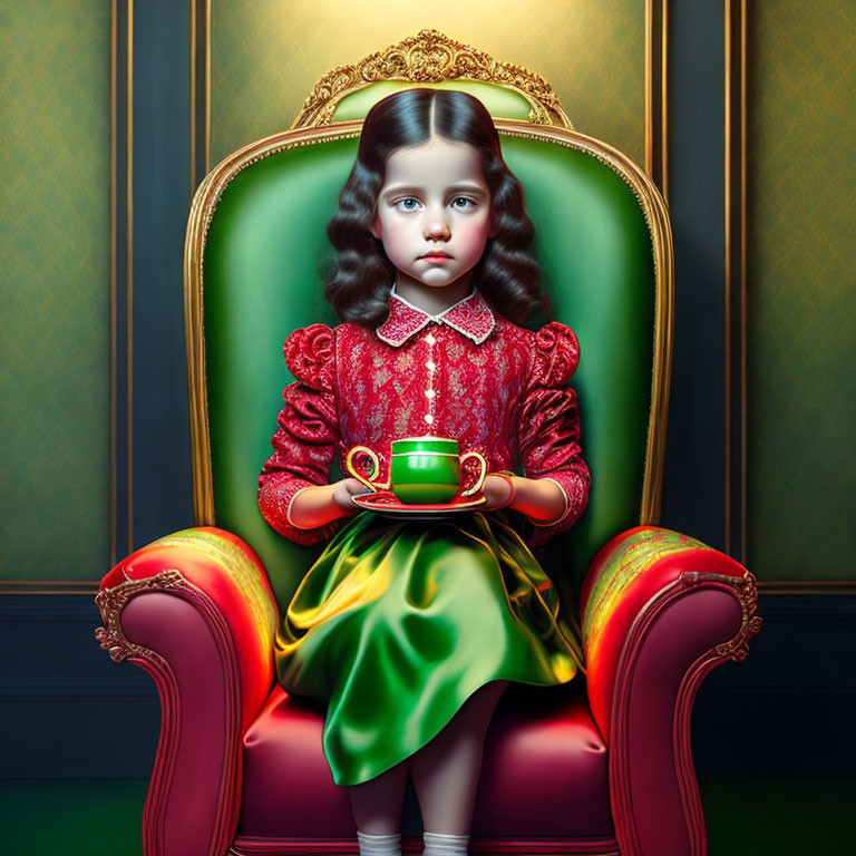 Young girl with long dark hair in red and green dress sitting on ornate chair with green cup and