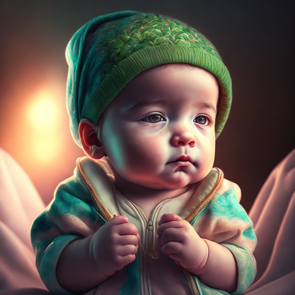 Baby in green knitted hat and jacket with big eyes, gazing in wonder.