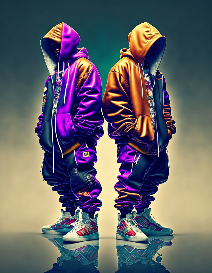 Vibrant purple and orange hooded figures in sneakers, mirrored on reflective floor