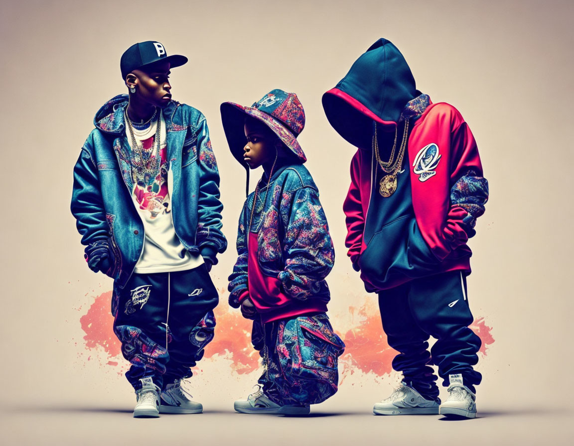 Three individuals in hip-hop attire with oversized clothing and vibrant prints against a neutral backdrop with a paint splash