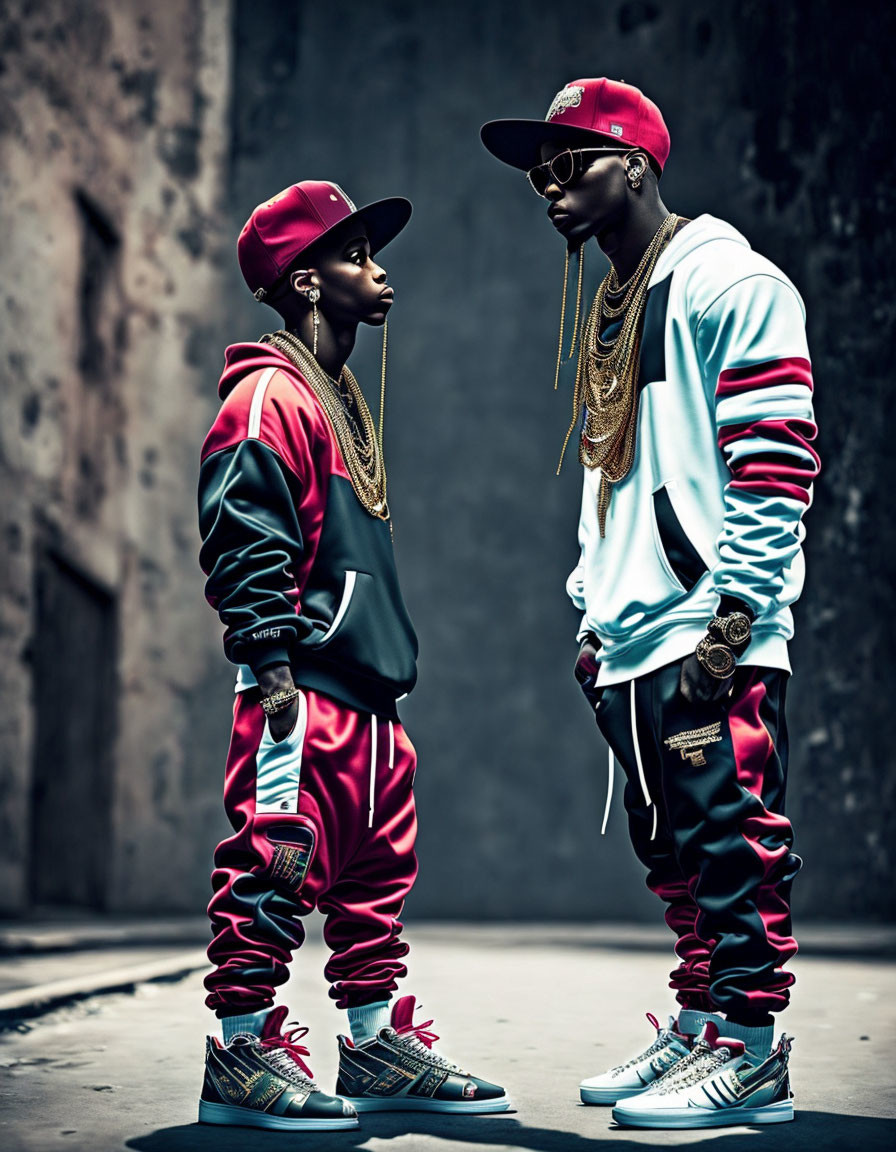 Two people in hip-hop attire with gold chains and red caps on textured background