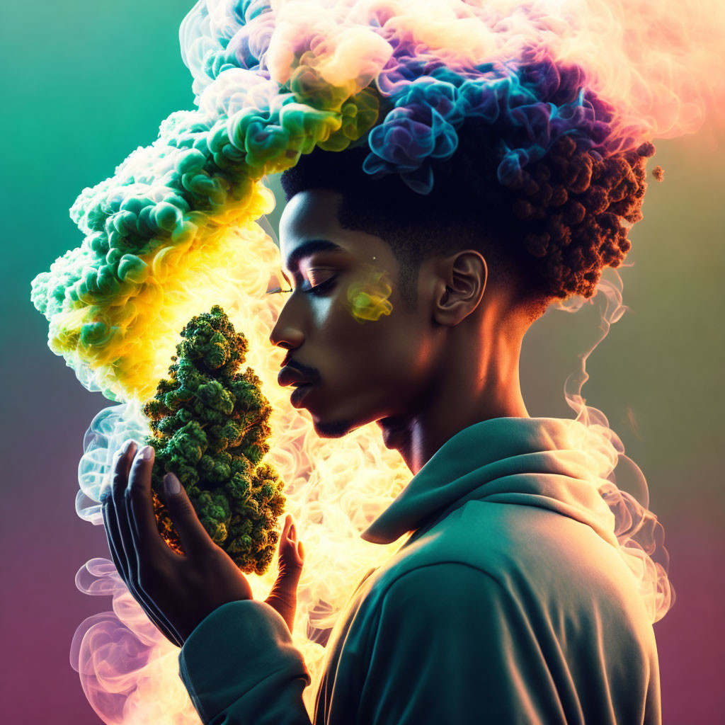 Person facing left with eyes closed holding object emitting colorful smoke