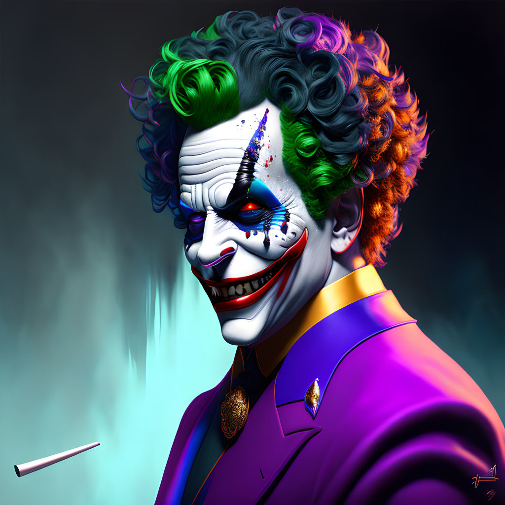 Detailed Illustration: Joker with Green Hair, Sinister Smile, Purple Suit