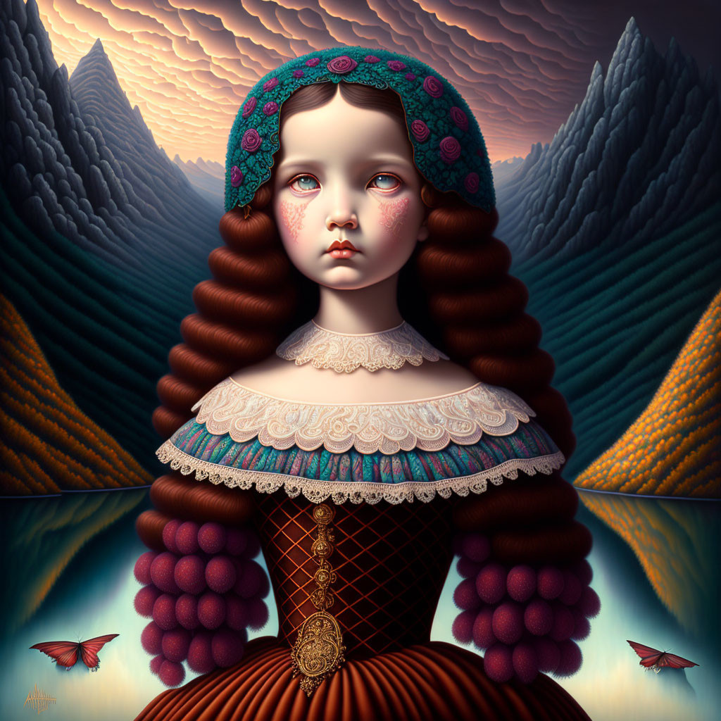 Surreal portrait featuring girl with large eyes and ornate attire in fantastical landscape