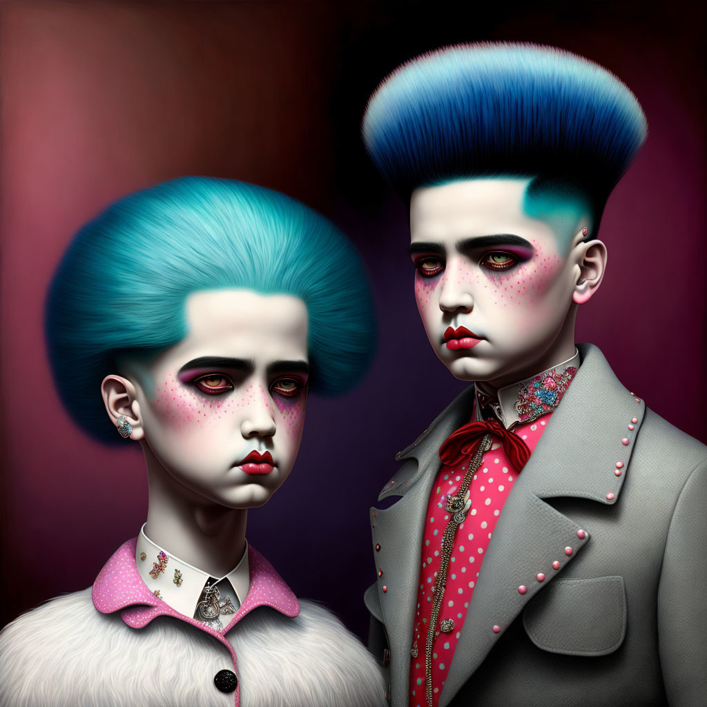 Exaggerated stylized characters with vibrant blue hair and colorful makeup on dark background