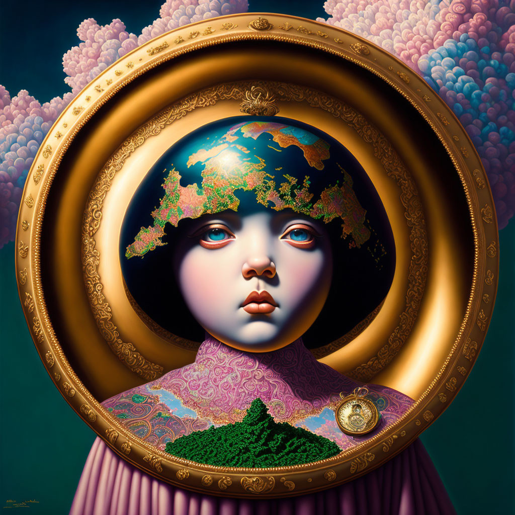 Surreal painting of figure with globe head in ornate frame against cloudy sky