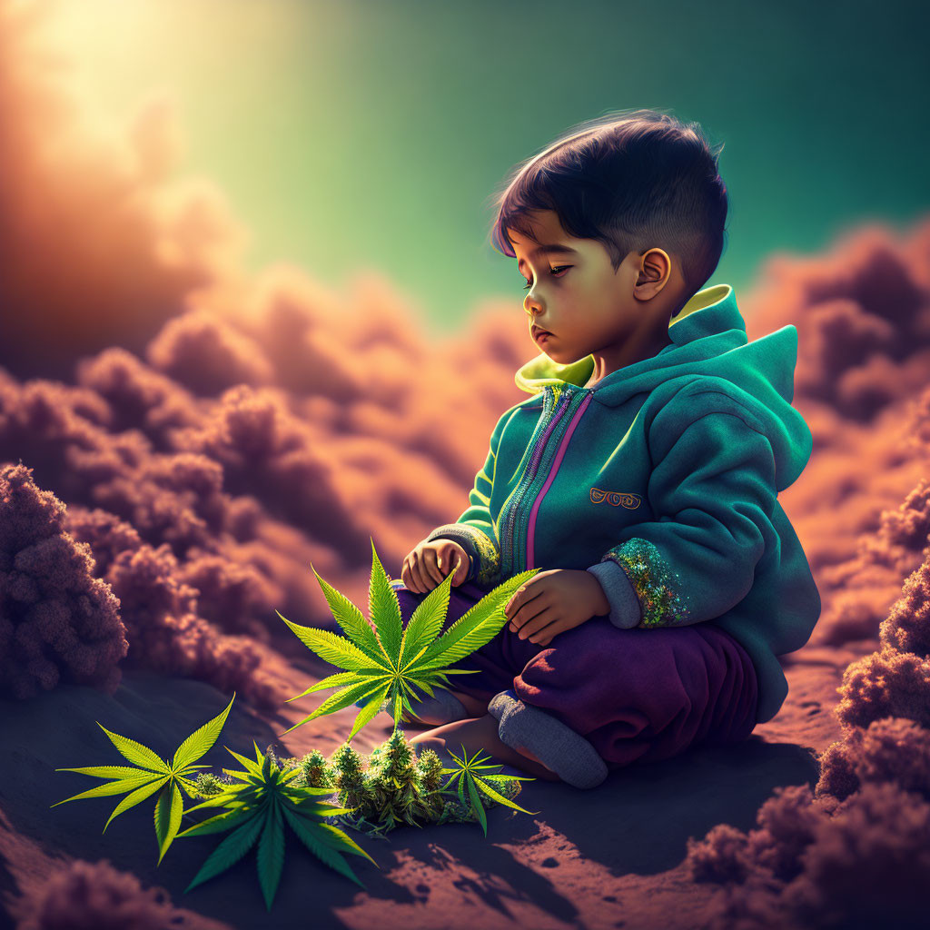 Child in hoodie with cannabis leaf against sunset sky
