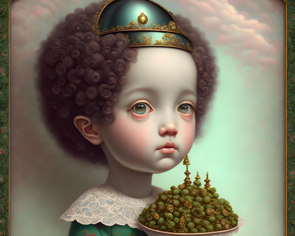 Surreal portrait of child with oversized head and crown, holding tiny trees