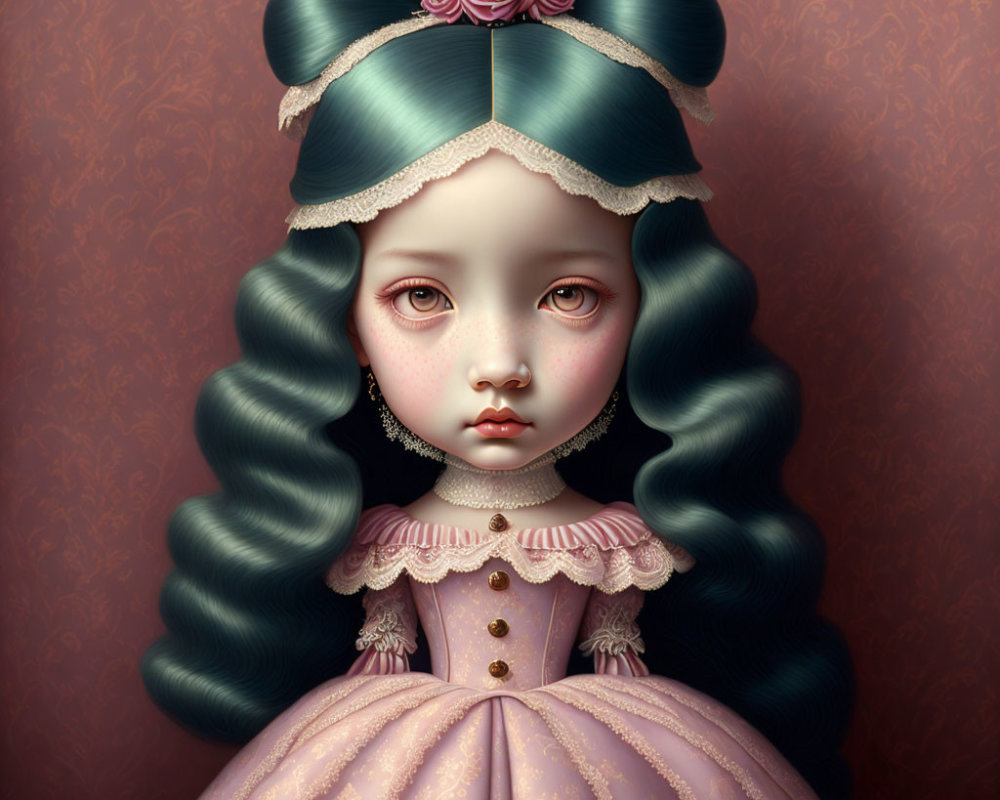 Portrait of doll-like girl in vintage pink dress with big eyes and blue bow.