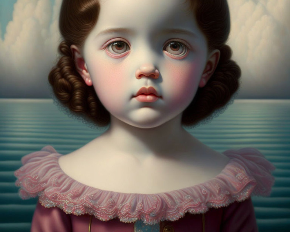 Hyperrealistic Painting of Young Girl with Expressive Eyes in Vintage Pink Dress