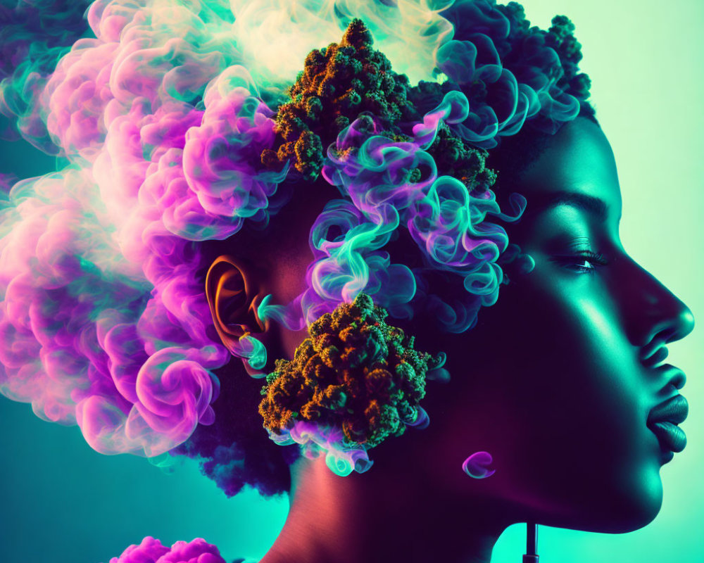 Woman profile with colorful smoke hair and flowers on teal background