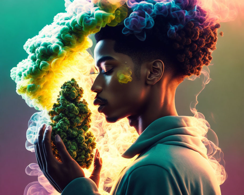 Person facing left with eyes closed holding object emitting colorful smoke