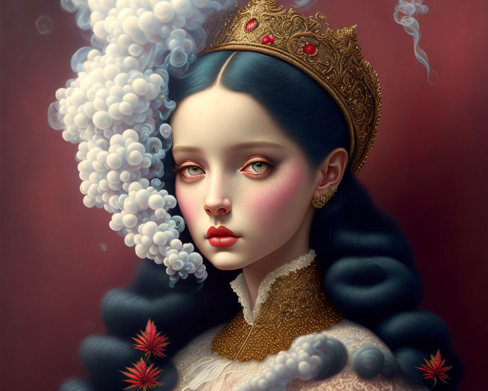 Portrait of woman with porcelain skin, golden crown, blue-black hair, red leaves, and white spheres