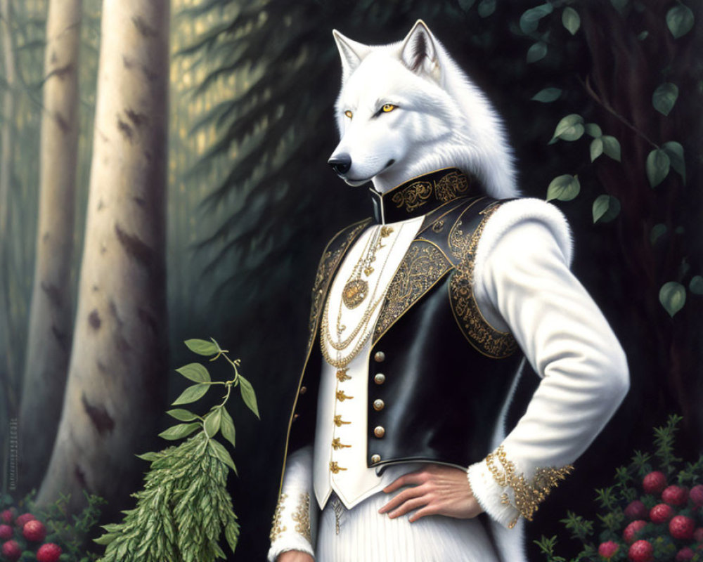 White Wolf in Ornate Jacket Stands in Bamboo Forest