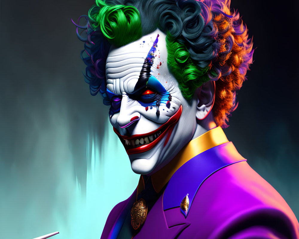 Detailed Illustration: Joker with Green Hair, Sinister Smile, Purple Suit