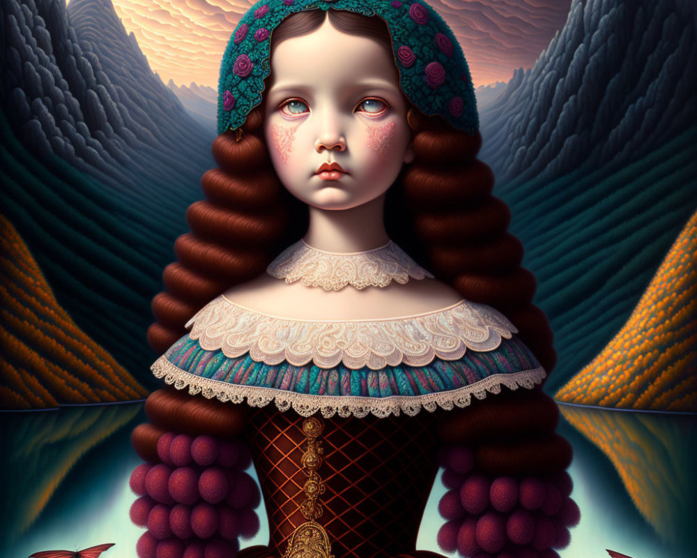 Surreal portrait featuring girl with large eyes and ornate attire in fantastical landscape